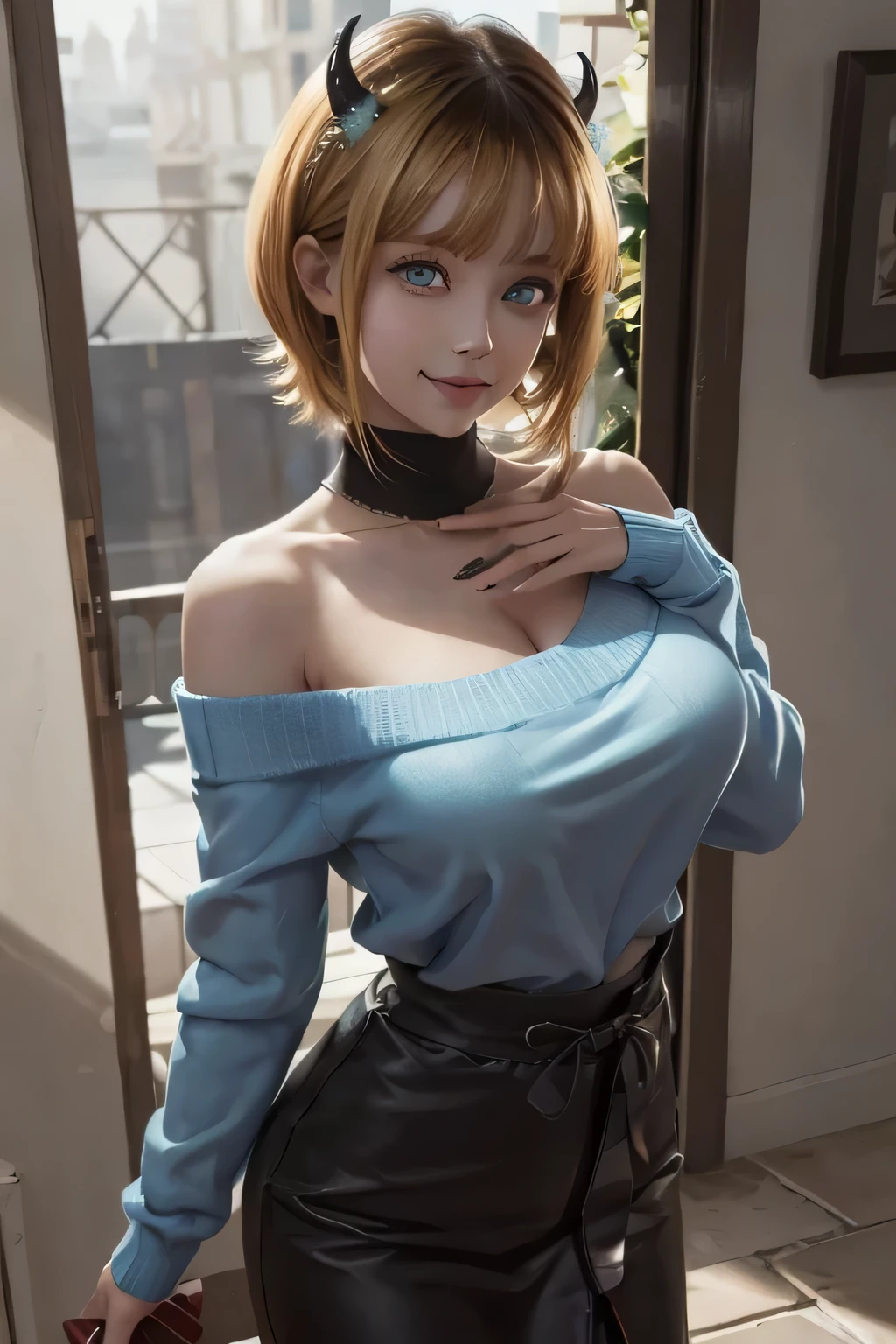 memcho, memcho, (big boobs:1.3), blonde hair, blue eyes, dull bangs, devil horn, fake horn, horn, short hair, BREAK Bare Shoulders, black skirt, (blue sweater: 1.5), long sleeve, off shoulder, off shoulder sweater, plump sleeves, skirt, sweater, white ribbon, Take a break to watch the audience,  (at the park), (masterpiece: 1.2), best quality, High resolution, Unity 8k wallpaper, (An illustration: 0.8), (beautiful eye details: 1.6), very detailed顔, perfect lighting, Detailed CG, (perfect hands, perfect anatomy) , perfect eyes, Have a very sexy body, full chest and thin waist, and very sexy body, bold look. young, quality, very detailed, realistic, smile, Calm, perfect eyes, Have a very sexy body, full chest and thin waist, and very sexy body, bold look. young, quality, very detailed, realistic, Are standing, smile