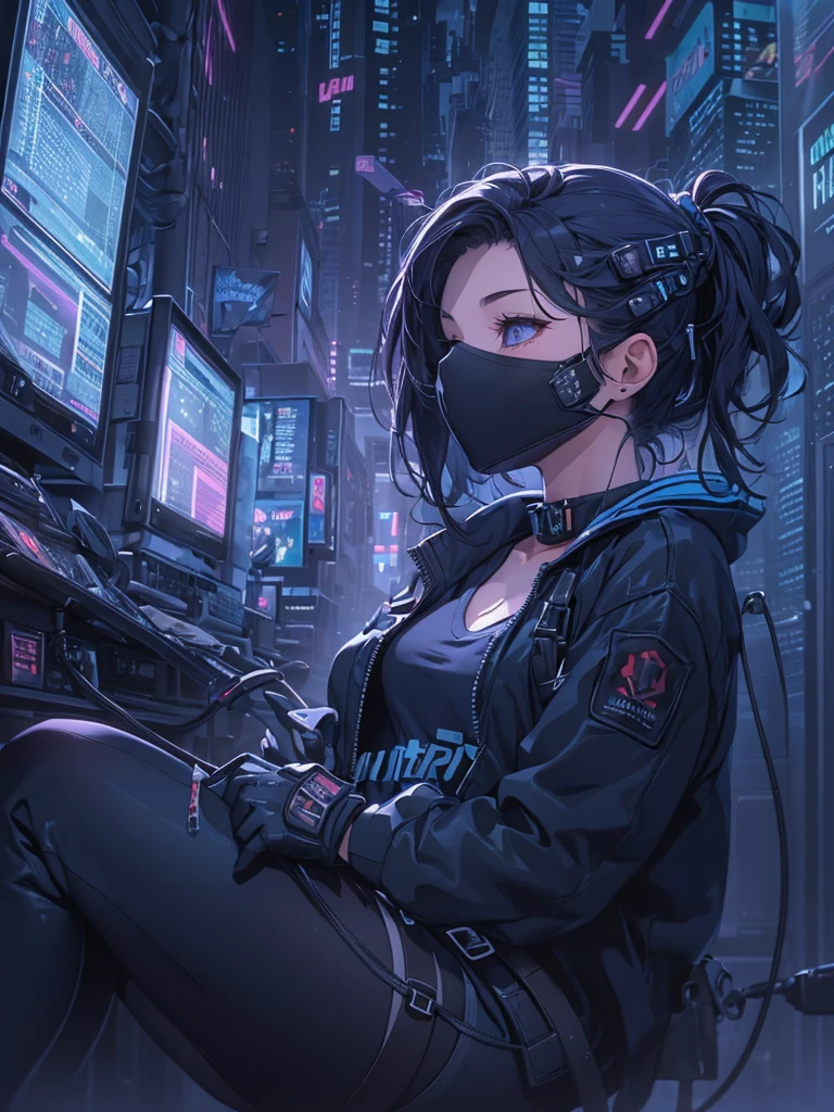 Very young girl, Black mask, White skin, The code on, Hacker style, curve,sit on it、View from the side、deep purple, dark, braids, dark blue hair, cable, vintage, cyberpunk, Data center background, deep purple theme, night city