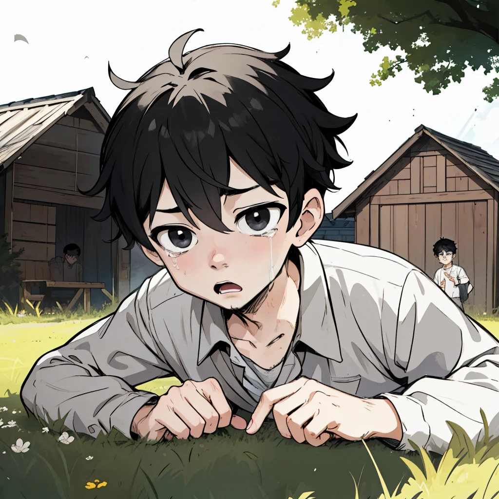  男の子、黒髪の、黒目、Depression But there is just a big hut and some people are pointing towards him from behind with their fingers and the 男の子's face remains the same. まるでアニメのように彼の目から涙が流れ、地面に横たわり、とてもがっかりしている.