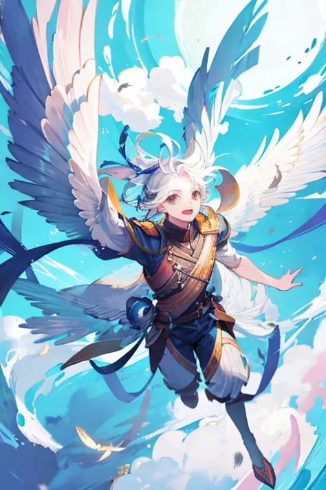 back non-gendered human with wings, feathery wings, fly in the sky, floating on air, sfw,