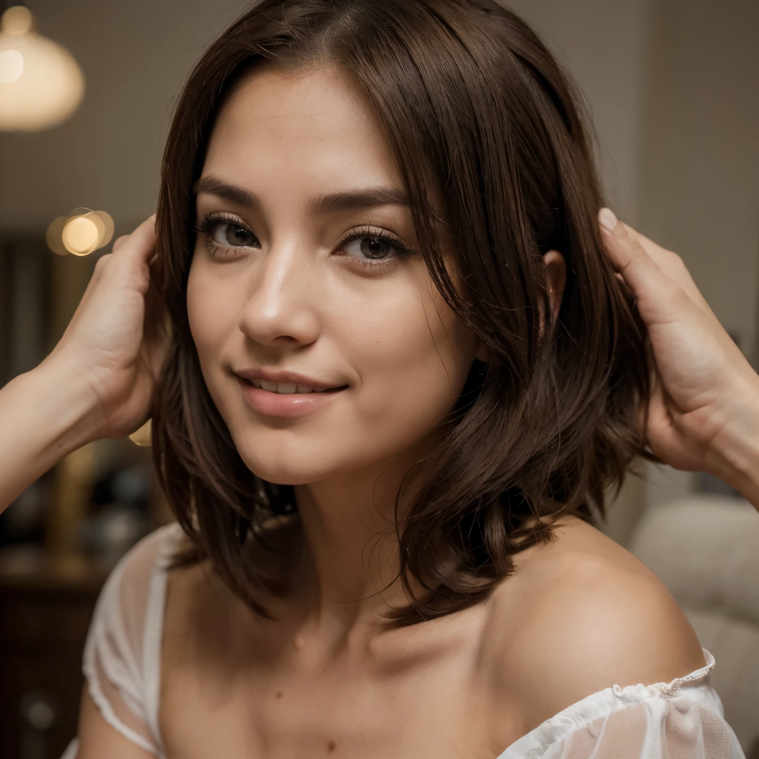 Araffe woman in white dress putting on hair with hand - SeaArt AI