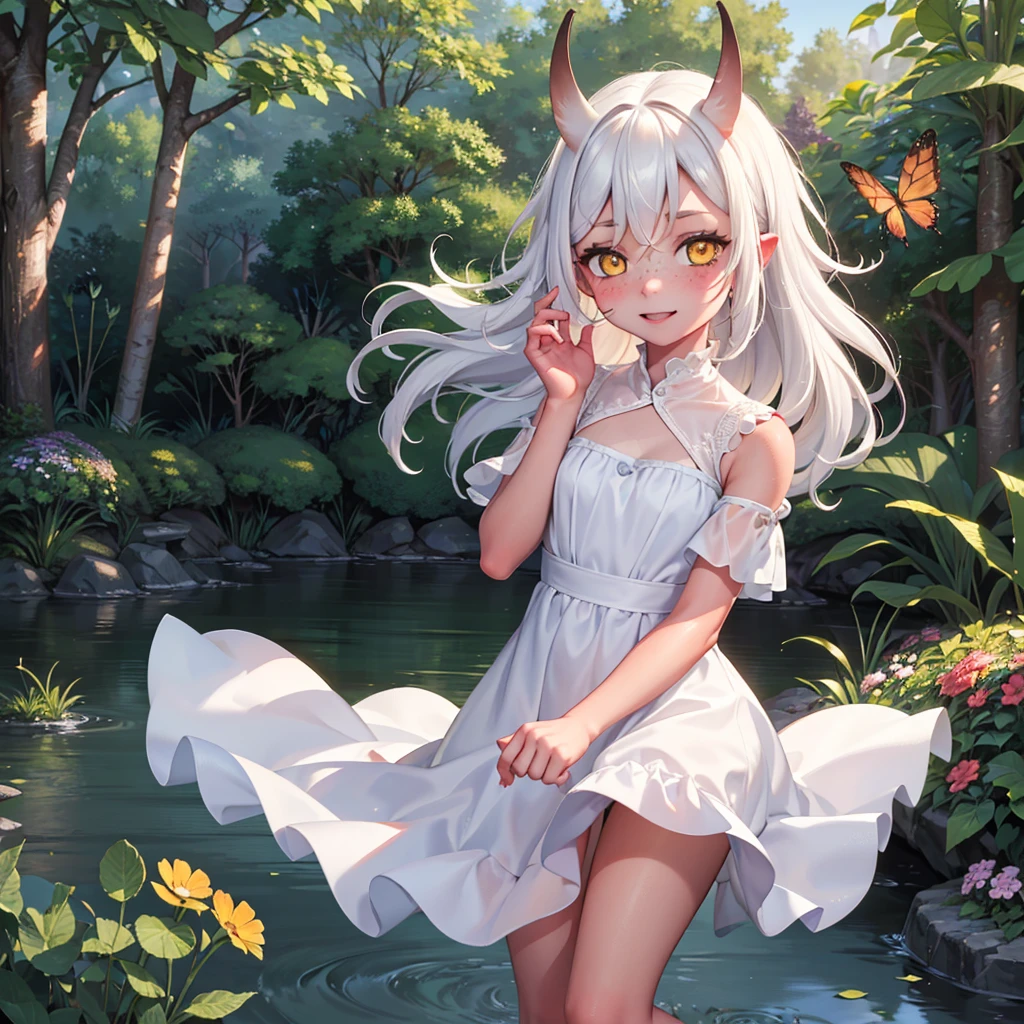 "(best quality,4k,8k,highres,masterpiece:1.2),ultra-detailed,(realistic:1.1),portrait,colorful lighting,kid,red skin,long white hair,yellow eyes,cute dress clothes,playful expression,garden,flowers,butterflies,toy train,sparkling eyes,sunshine,soft complexion,cheerful,innocent,fun,lovely smile,joyful,curly hair,freckles,fantasy ambiance,daydreaming,fairy tale,dreamy background,imagination,whimsical,childhood memories,happiness,bliss,light-hearted"