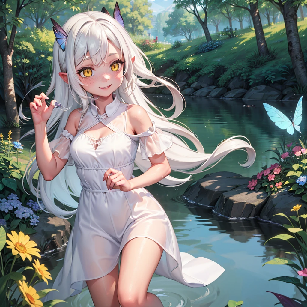 "(best quality,4k,8k,highres,masterpiece:1.2),ultra-detailed,(realistic:1.1),portrait,colorful lighting,kid,red skin,long white hair,yellow eyes,cute dress clothes,playful expression,garden,flowers,butterflies,toy train,sparkling eyes,sunshine,soft complexion,cheerful,innocent,fun,lovely smile,joyful,curly hair,freckles,fantasy ambiance,daydreaming,fairy tale,dreamy background,imagination,whimsical,childhood memories,happiness,bliss,light-hearted"