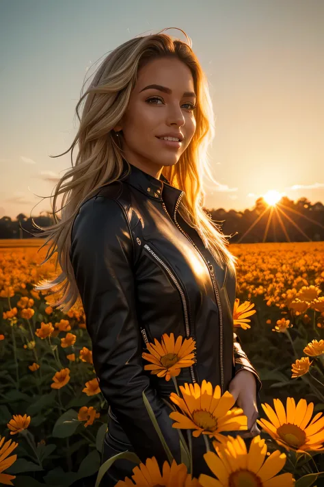 a woman, blonde, smile in flowers plantation, black leather, golden hour, orange sky