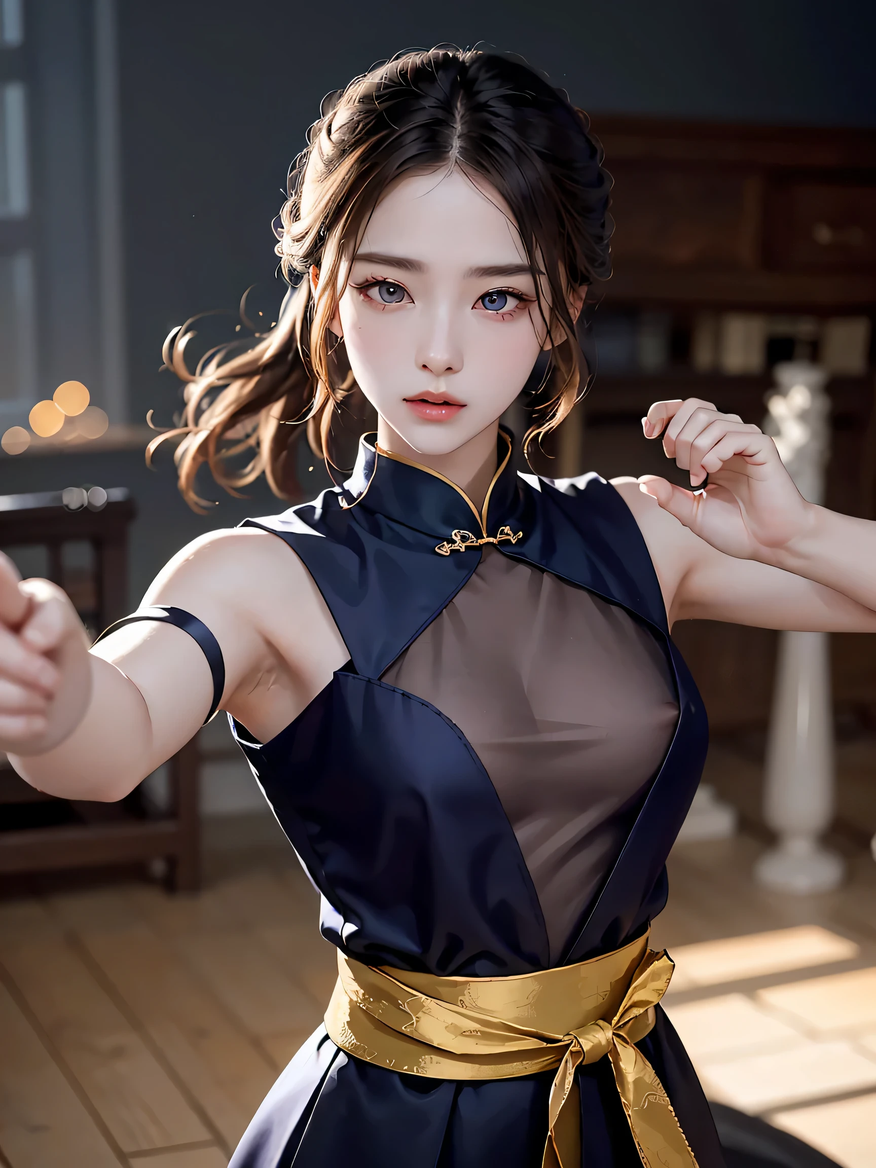 hermosa chica china, Ojos claros, rasgos faciales claros, vistiendo hanfu, preparación para el combate, Movimientos de artes marciales, Un cuerpo envuelto en niebla violeta., Desenfoque de movimiento, efectos de luz del juego, luz de borde, Luz tenue, movie luz de borde, luz delicada, Obra maestra, súper detallado, gran composición, de la máxima calidad、mejor calidad de imagen、Obra maestra、pezones erectos、 (((transparente)))、Diseño elaborado、Arte visual、Profundidad del límite escrito、