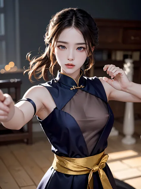 handsome chinese girl, clear eyes, clear facial features, wearing Hanfu, combat readiness, Martial arts moves, A body wrapped in...