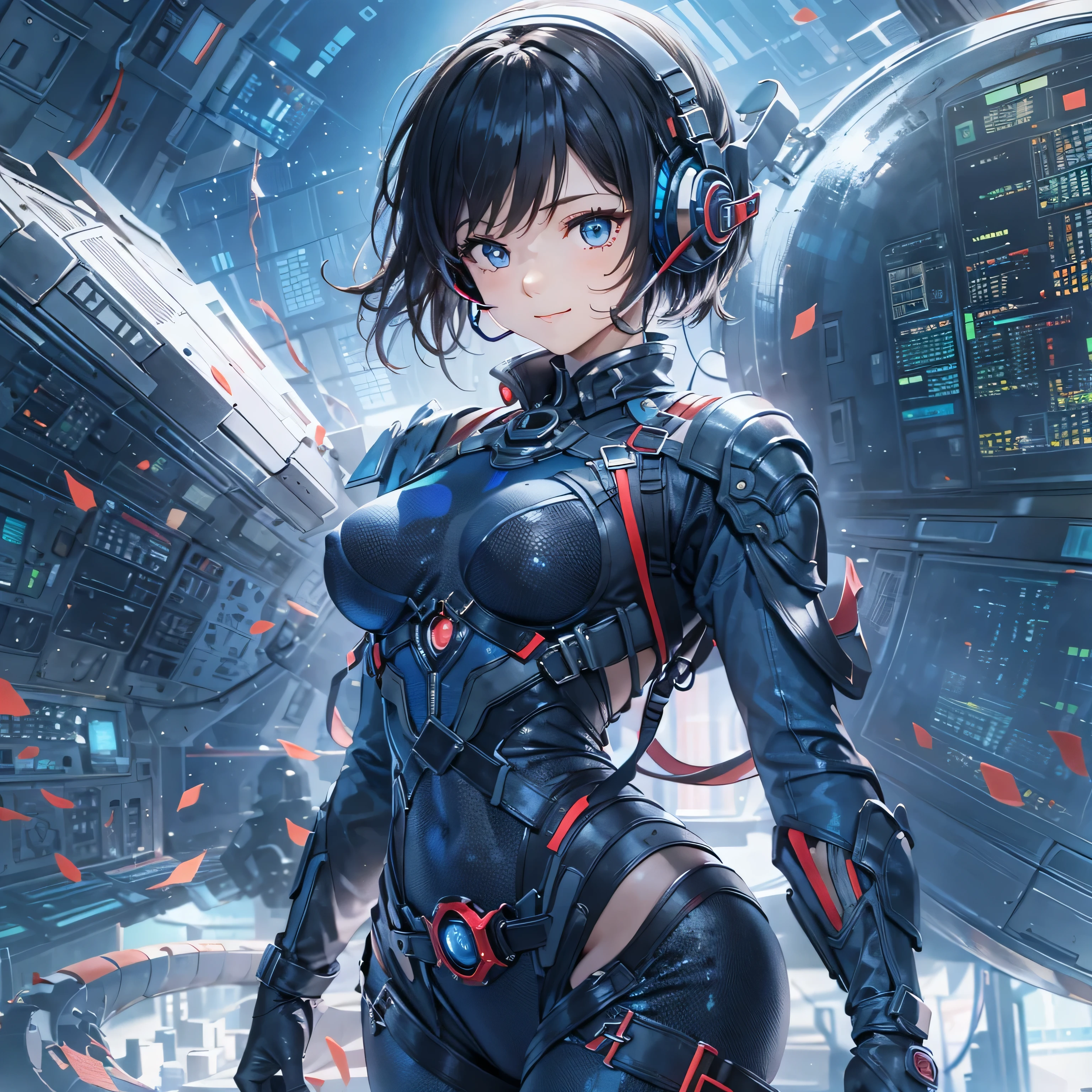 (masterpiece、highest quality、highest resolution、clear_image、detailed details、Angle from above): (full body figure、One 20 year old girl、Japanese faces、small face、Slender、Navy blue super short bob cut hair、(hidden small breasts:1.3)、sparkling blue eyes、Shiny pilot suit in blue and black colors、armor that protects the chest、tight fitting clothes、clothes that cover the whole body、shiny clothes、tight fit pants、hide the skin、very delicate and beautiful、detailed skin、hide thighs、hide your butt、cute type、gentle smile、soft expression、heroine、headset、Knee-high boots、gloves up to the elbow、eye level shot、facing directly、woman on a spaceship)