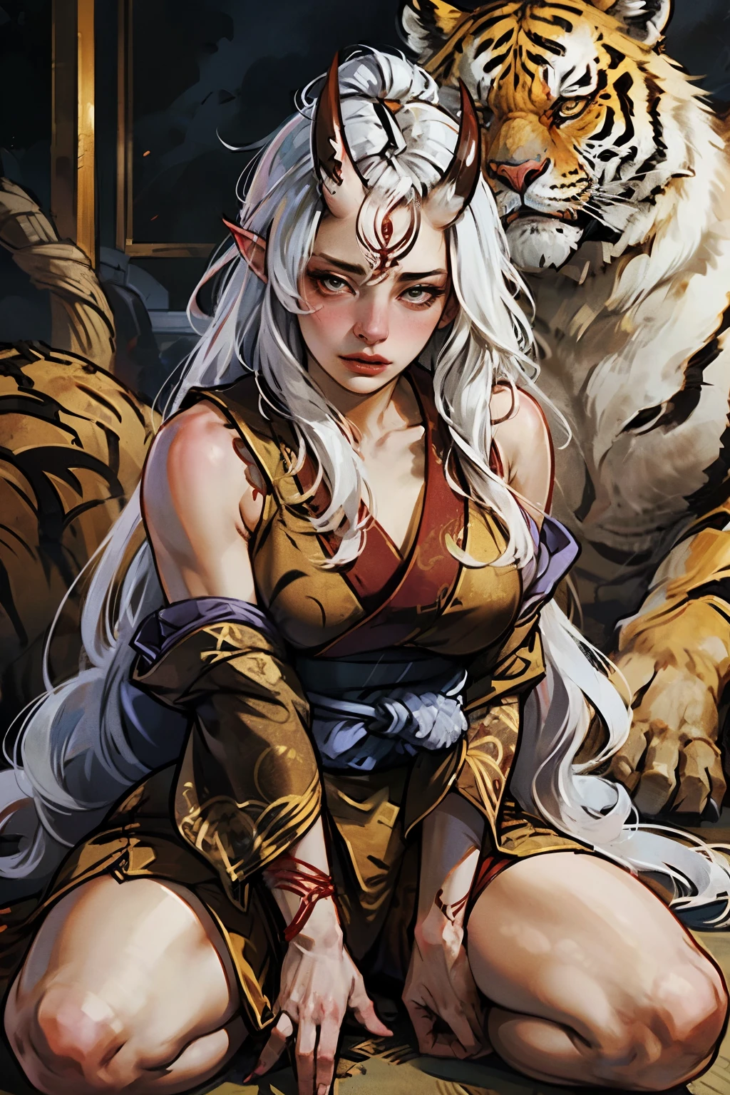 beautiful asian oni female warrior,(sitting in seiza pose:1.33) wearing tiger pattern underwear , with thick curvy mature body yet muscular, long and voluminous white hair blown by the wind, 2 long oni horns, reddish fair skin , perfect face features expressive eyes , thick lips,
