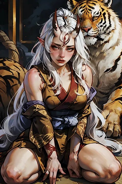 beautiful asian oni female warrior,(sitting in seiza pose:1.33) wearing tiger pattern underwear , with thick curvy mature body y...