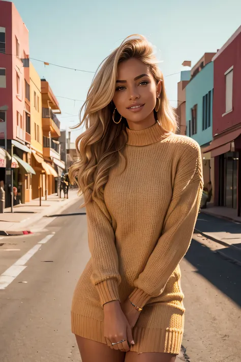 a woman, blonde, smile  sweater dress, in palm street, golden hour, orange sky