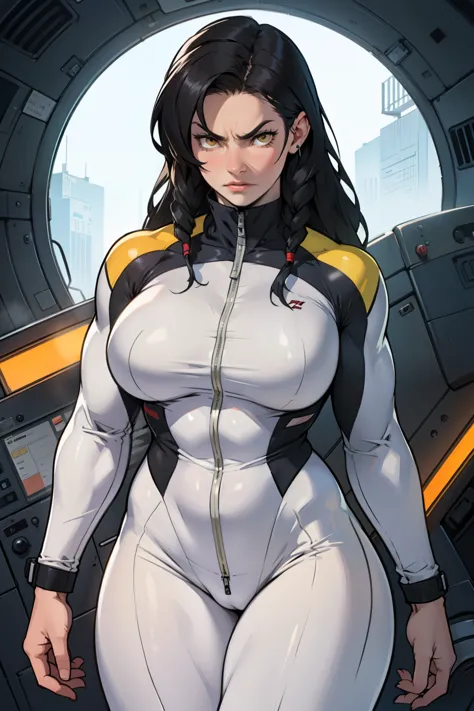 angry girl pale skin (((((muscular girl))))) (((thick))) (((large breasts))) pilot suit bodysuit black hair yellow eyes very lon...