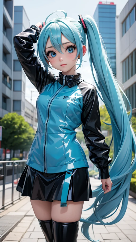 ein Mädchen, hellblaue Haare, Frisur im Hatsune Miku-Stil, blaue Augen, 20 Jahre alt, In Berlin, moderne Stadt, Bessere Qualität, Kunstwerk, rundlich, , schwarzer Latexrock, Latex höchster Qualität, 