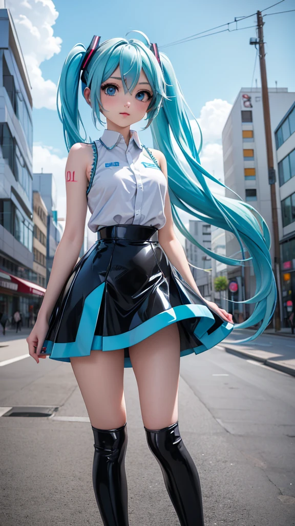 ein Mädchen, hellblaue Haare, Frisur im Hatsune Miku-Stil, blaue Augen, 20 Jahre alt, In Berlin, moderne Stadt, Bessere Qualität, Kunstwerk, rundlich, , schwarzer Latexrock, Latex höchster Qualität, 