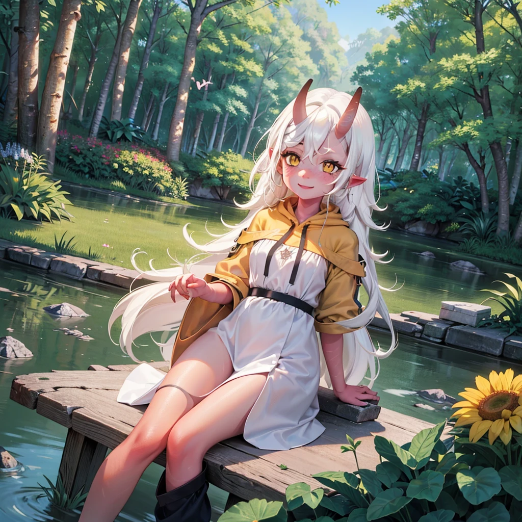 "(best quality,4k,8k,highres,masterpiece:1.2),ultra-detailed,(realistic:1.1),portrait,colorful lighting,kid,red skin,long white hair,yellow eyes,cute dress clothes,playful expression,garden,flowers,butterflies,toy train,sparkling eyes,sunshine,soft complexion,cheerful,innocent,fun,lovely smile,joyful,curly hair,freckles,fantasy ambiance,daydreaming,fairy tale,dreamy background,imagination,whimsical,childhood memories,happiness,bliss,light-hearted"