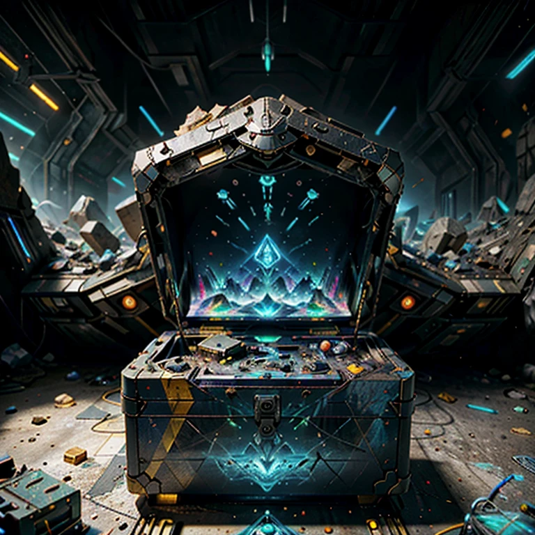 (best quality,4k,8k,highres,masterpiece:1.37), ultra-detailed, (realistic,photorealistic,photo-realistic:1.37), (aerial view), (top down perspective), (a futuristic artifact box full of retro video game cartridges:1.6), (Futuristic artifact box), (the artifact box is open), (The scene unfolds inside a mystical cavern:1.4), (dynamic angle:1.37), fractal_environment, (fantasy and sci-fi mixed:1.37), holographic glitch effects floats around the environment, vibrant colors, (A blue glow emanates from inside the treasure chest), glowing lights, (abandoned machinery), (there are video game cartridges and consoles on the background), mystical creatures, (there are crystal formations spreading on the background), (futuristic technology), (ancient artifacts), mystical energy, vibrant retro aesthetic, atmospheric lighting, ancient ruins, mysterious symbols, lush vegetation, nostalgic atmosphere, epic adventure, delightful surprises