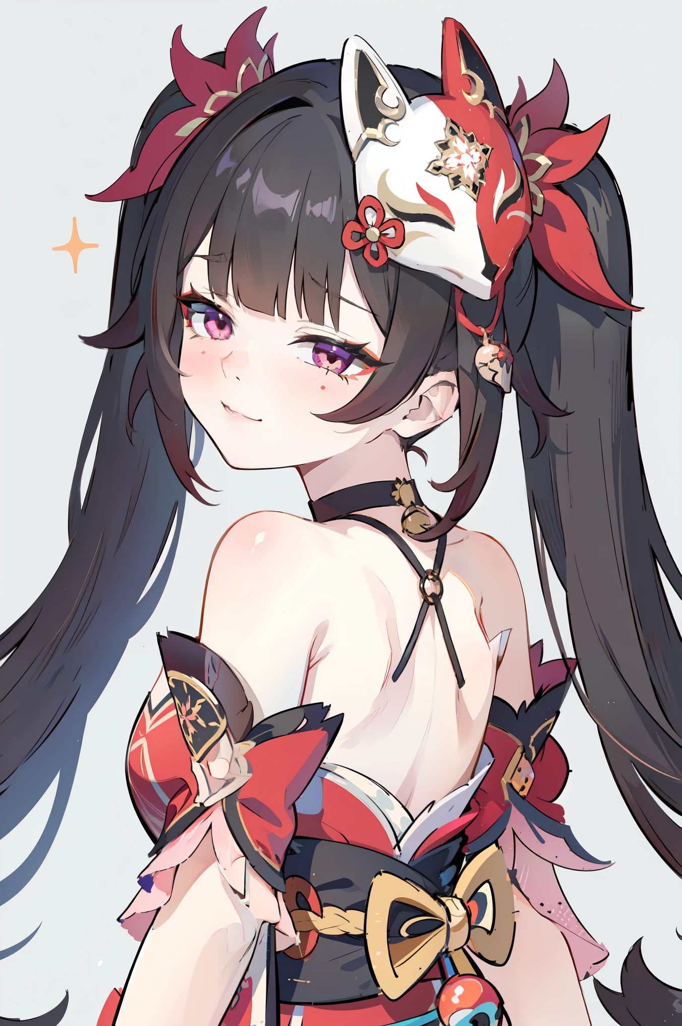 1girl, looking back, solo, sparkle \(honkai: star rail\), small breasts, twintails, hair ornament, solo, off shoulder kimono, mask on head, detached sleeves, choker, obi, wristband, criss-cross halter, thigh strap, blush, face closeup, portrait, looking at viewer, gasping, ecstasy, head tilt, seductive smile, sharp smile, smug, upper body, Gray background, masterpiece, best quality