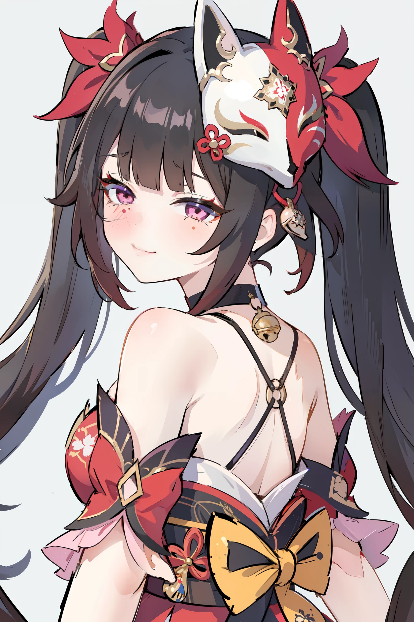 1girl, looking back, solo, sparkle \(honkai: star rail\), small breasts, twintails, hair ornament, solo, off shoulder kimono, mask on head, detached sleeves, choker, obi, wristband, criss-cross halter, thigh strap, blush, face closeup, portrait, looking at viewer, gasping, ecstasy, head tilt, seductive smile, sharp smile, smug, from behind, upper body, Gray background, masterpiece, best quality