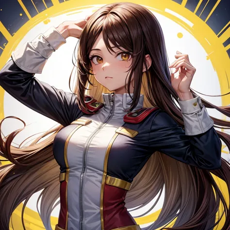 estilo: My hero academia 
color de ojo:dorado
cabello:long brown with skin-colored bangs:blanca
mujer
cuerpo completo 
