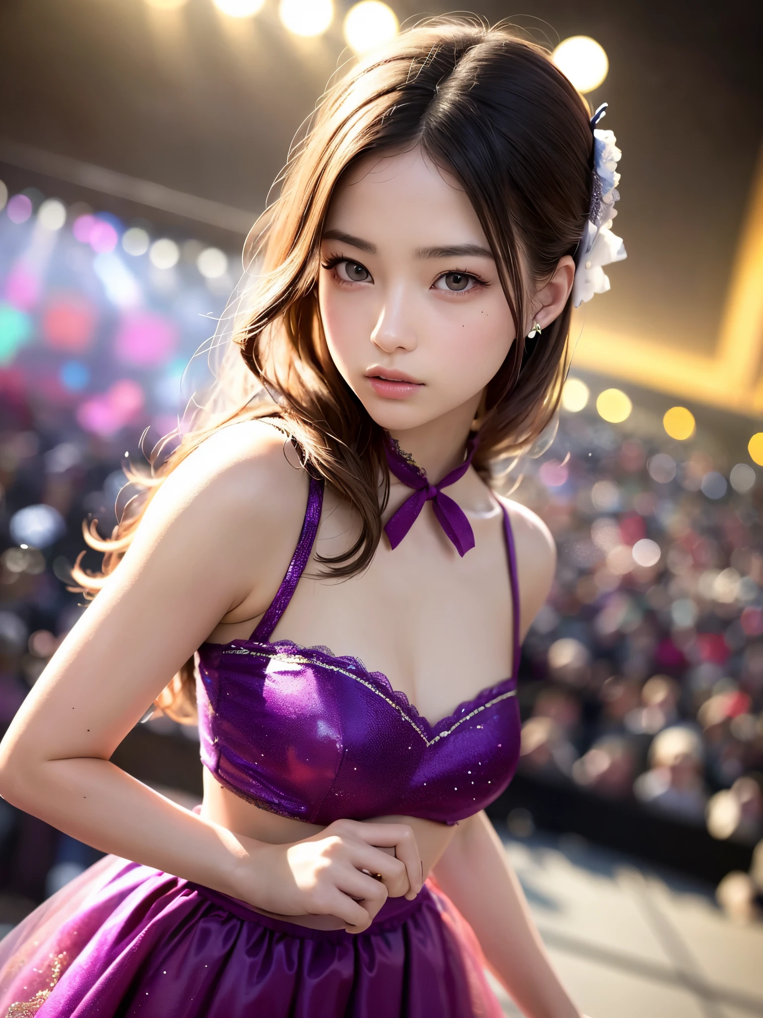 White base with purple-red fluttering costume、tulle skirt、23 years old, perform on stage, concert photos, cute core、(((watching the audience)))、23 years old、Mei Nagano、ribbon on head、（自然でdetailed face立ち、beautiful and detailed eyes、beautiful and dense lips、very detailed eyes、detailed face、long eyelashes）（8K resolution）、High resolution、masterpiece：1.2 )、Super detailed、(real、photorealistic、photorealistic: 1.37)、bob hair、belle delphine、dress、8K、fantastic lighting、bright colors、standing position