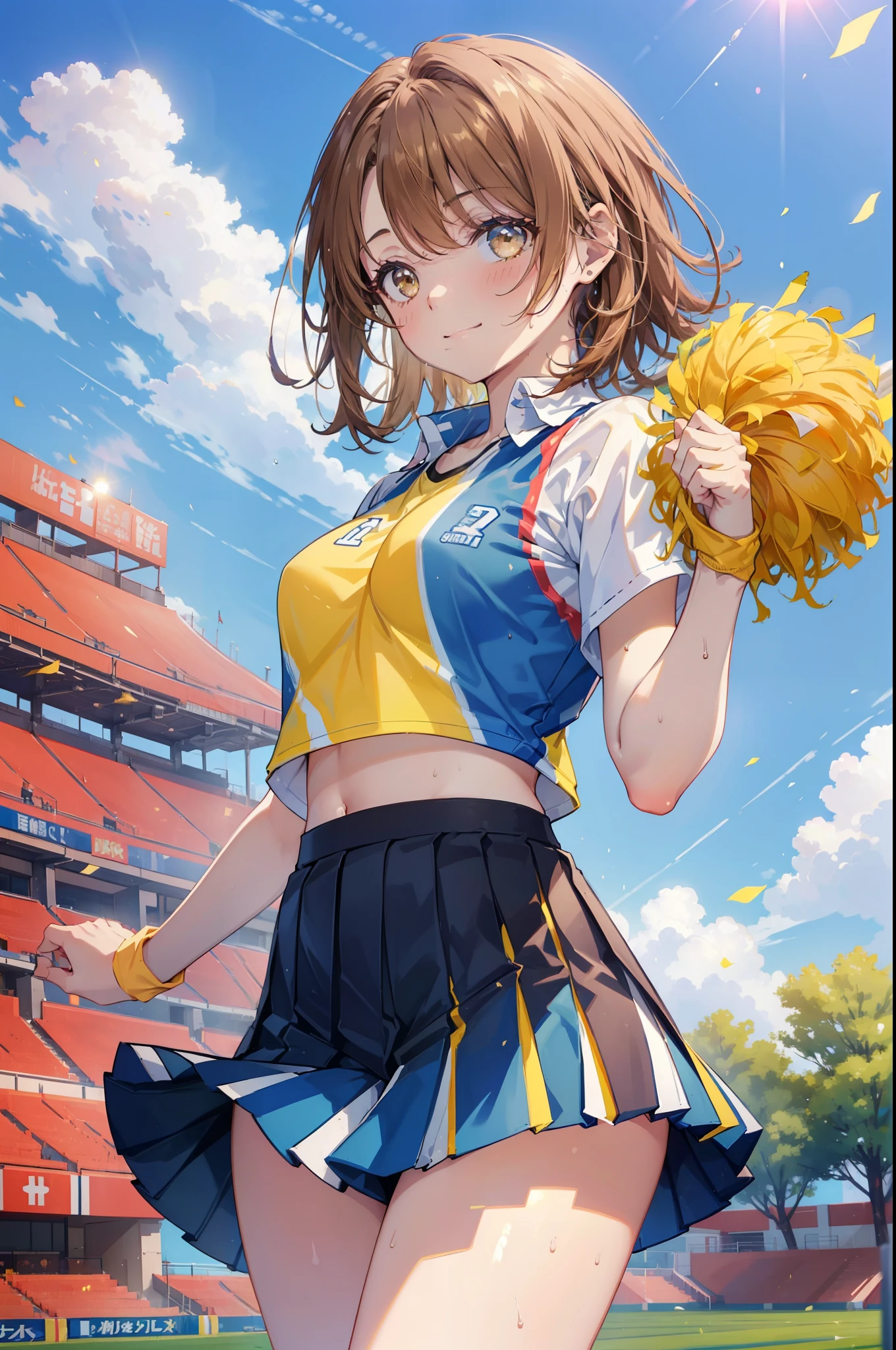 irohaisshiki, iroha isshiki, short hair, brown hair, (brown eyes:1.5), smile,happy smile, smile, open your mouth,(cheer leading), (whole body), big breasts, lower, (sweaty), sweaty Wet Clothes, (yellow clothes),Yellow pleated skirt,sneakers , Navel support, playground, (jump), (jump), 足を曲げてjumpする, air, blue sky, Grass原, smile
チアリーダー, pom pom \(cheer leading\), Grass, smile, 
break outdoors,stadium,
break looking at viewer,(cowboy shot:1.5),
break (masterpiece:1.2), highest quality, High resolution, unity 8k wallpaper, (figure:0.8), (detailed and beautiful eyes:1.6), highly detailed face, perfect lighting, Very detailed CG, (perfect hands, perfect anatomy),