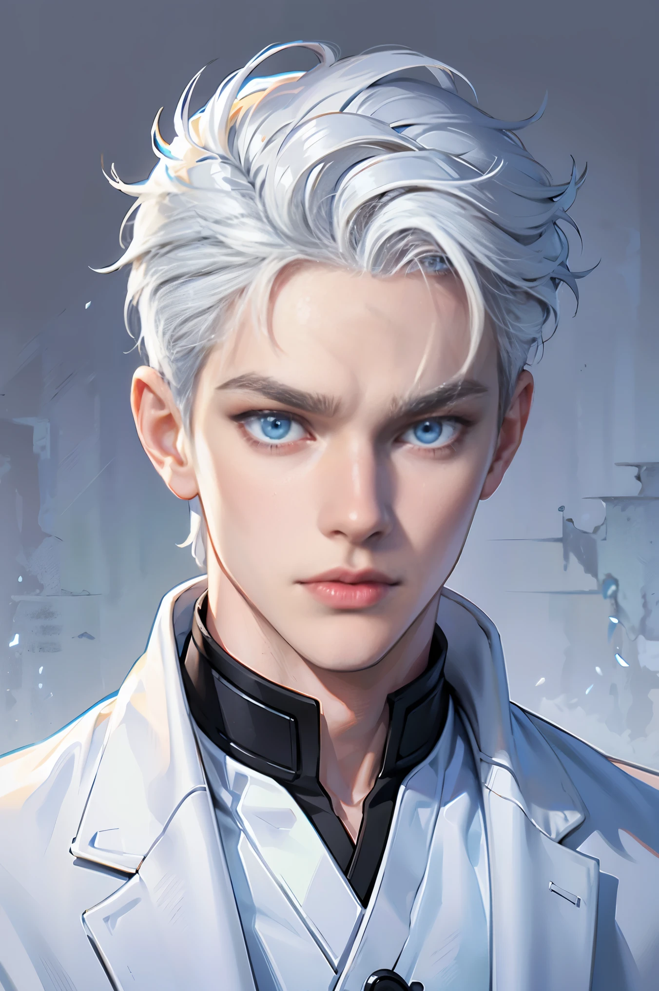 Boy, white hair, blue eyes, sharp, serious features, white skin