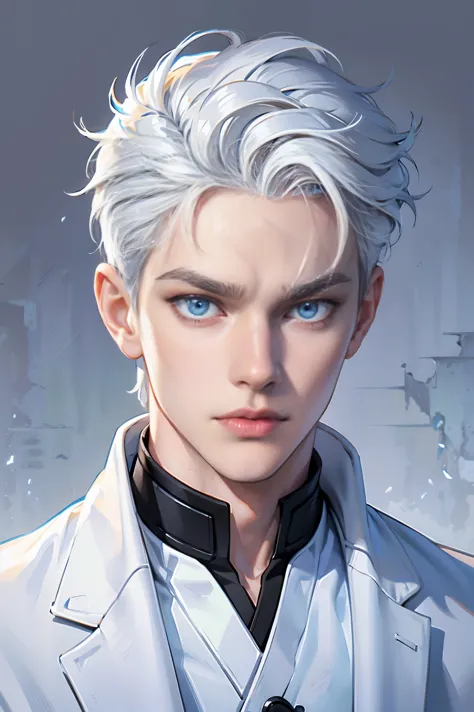 Boy, white hair, blue eyes, sharp, serious features, white skin