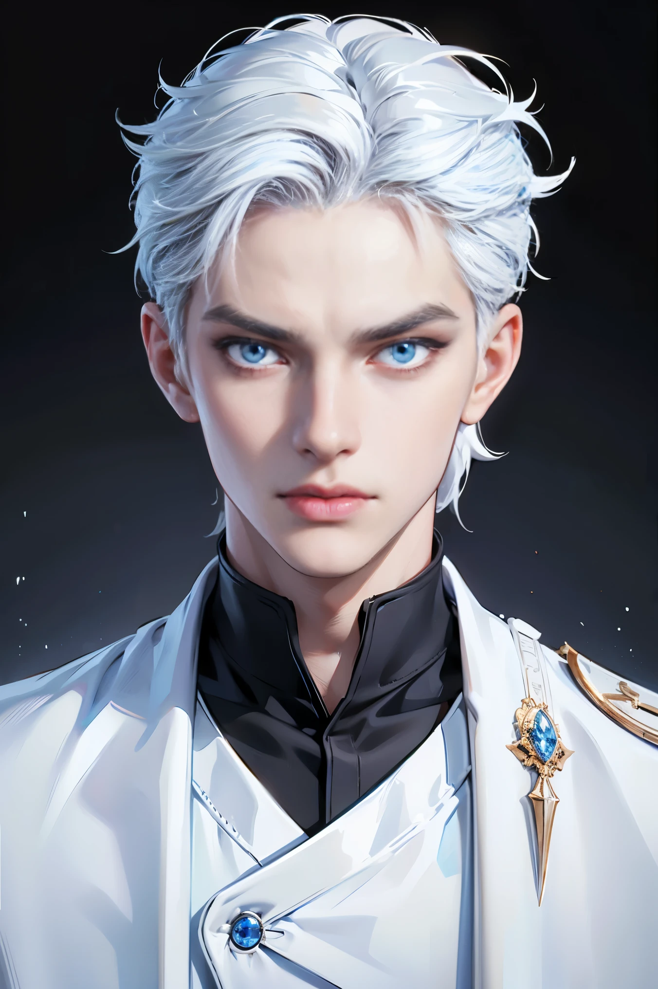 Boy, white hair, blue eyes, sharp, serious features, white skin