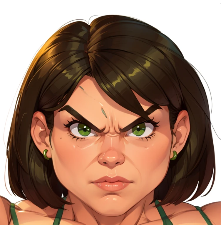 muscle woman with brunette hair wearing green bikini flexing massive muscles, most muscular pose, woman with huge muscles, mature woman, stern expression, green eyes, angry expression