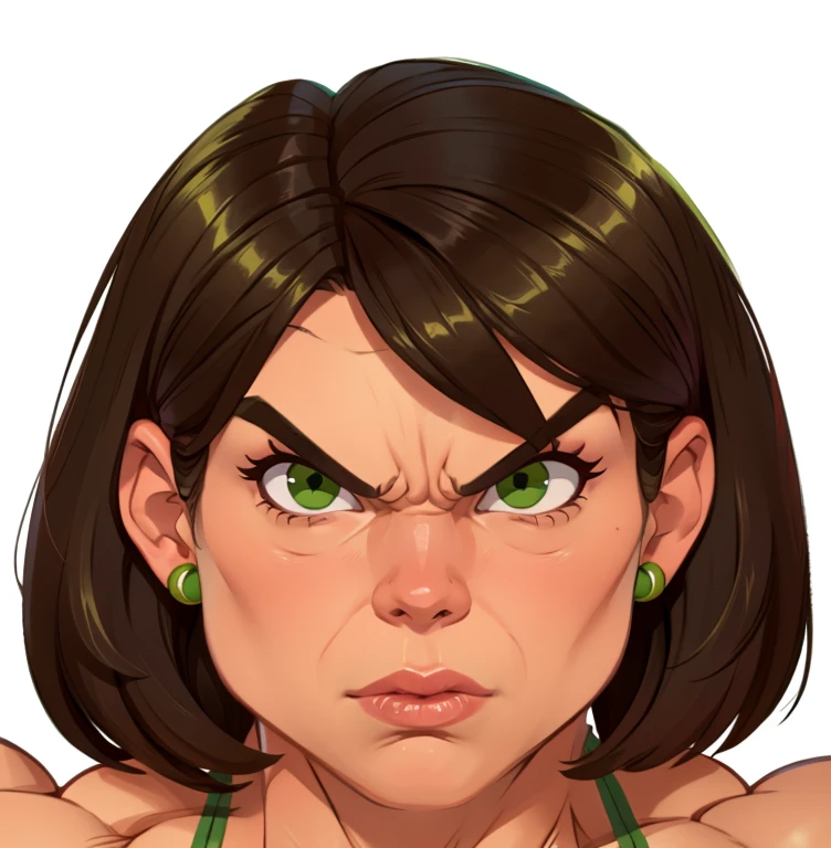 muscle woman with brunette hair wearing green bikini flexing massive muscles, most muscular pose, woman with huge muscles, mature woman, stern expression, green eyes, angry expression