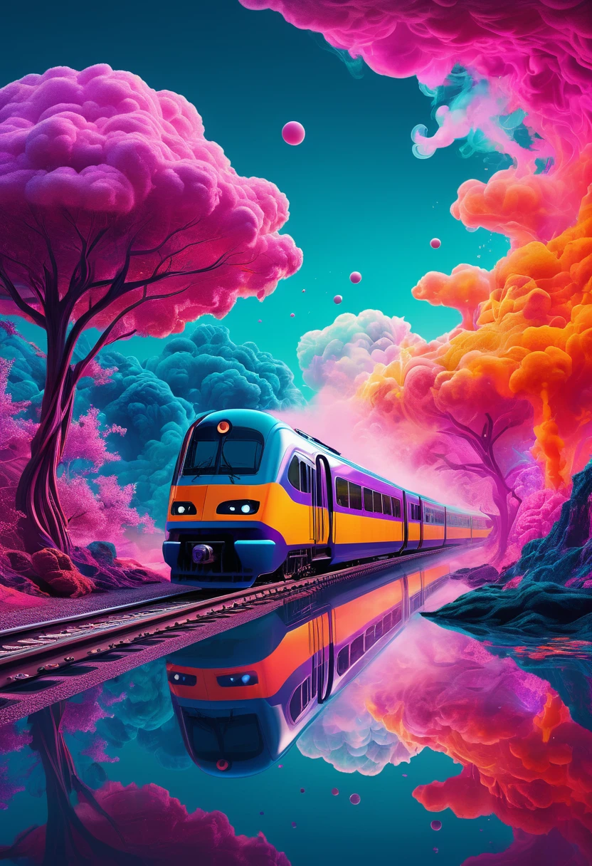 A striking conceptual illustration of a neon-infused surreal train ...