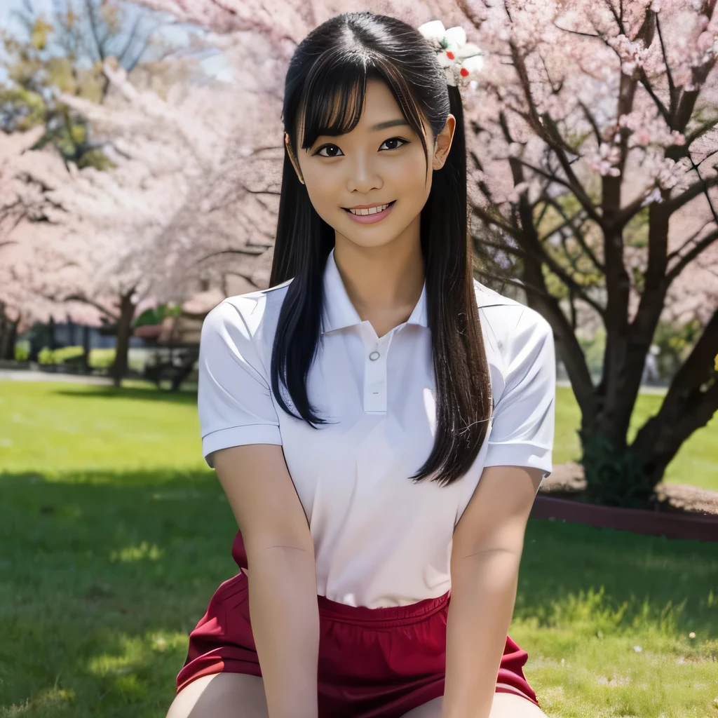 cute teenage girl, cute smile、pretty face、Height: approx. 160cm, brown eyes, Wearing a Japanese high 、wear a pleated skirt、In the row of cherry blossom trees、double ponytail black hair, masterpiece, 最high quality, 超high quality, high quality, High resolution, ultla High resolution, disorganized, 4k, 8K, 16k, very detailed, Complex, great shading, high contrast, realistic, photo realistic, RAW photo, photo shoot, super detailed illustrations, shortening, perfect anatomy, correct anatomy, perfect proportions, perfect face, perfect hands, perfect legs, perfect fingers