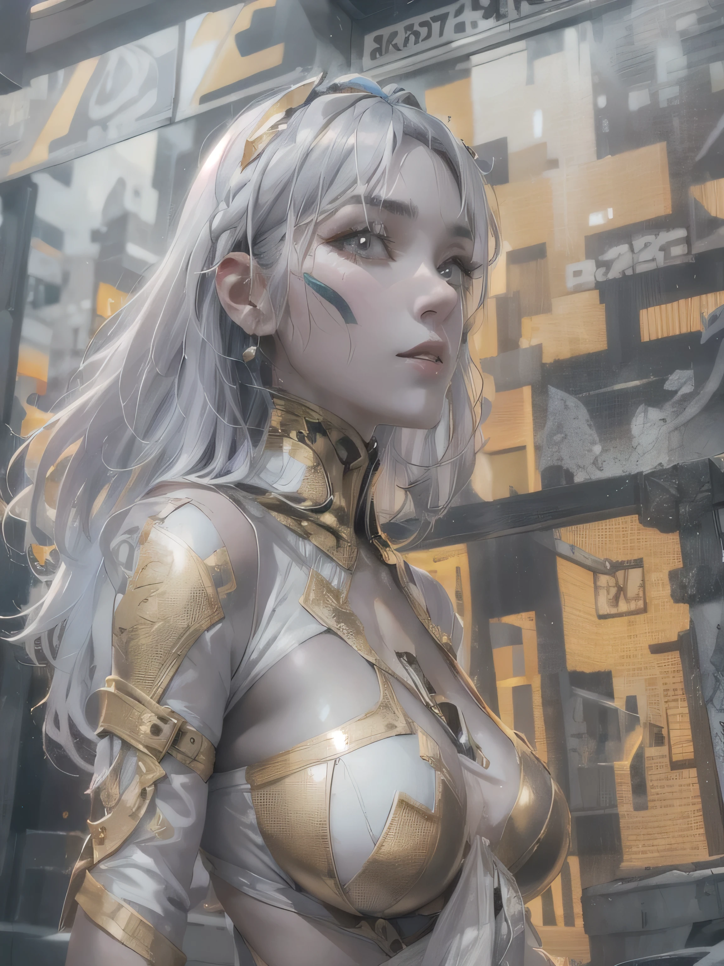 (photorealistic:1.8, highest quality:1.8,8K masterpiece:1.8,High resolution,muste piece:1.8,RAW Photos,cinematic lighting),No split screen, cyber punk、Back alley of the city at night、rain-soaked ground、vapor、
(1 android girl:1.3)、Completely naked、Full body tattoo、choker、beautiful breasts、shirt、Denim Micro Shorts、beautiful butt,beautiful thighs,plump nipples、Nipples are visible through the costume,cameltoe,Body painting with a pop design drawn all over the body、pop art design、cutting edge fashion、conceptual art、
(Beautiful, shining pale-white, gray-gold hair:1.5)、Wistful