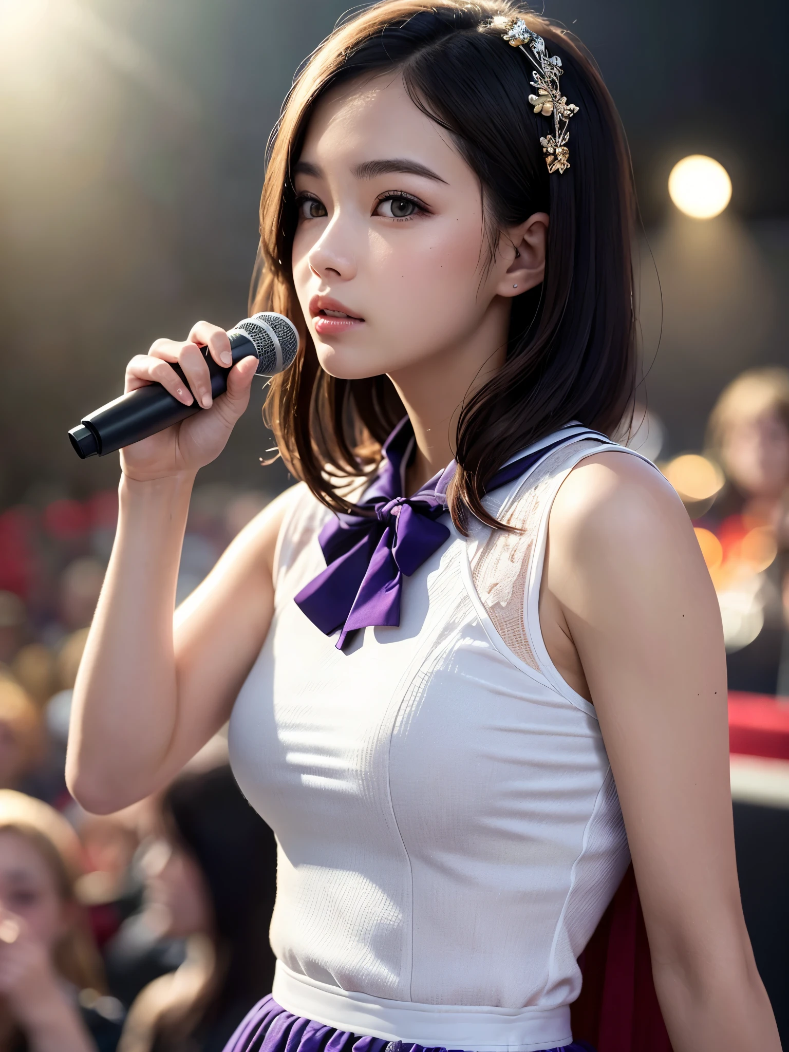 White base with purple-red sailor suit、tulle skirt、23 years old, perform on stage, concert photos, cute core、(((watching the audience)))、23 years old、Mei Nagano、ribbon on head、（自然でdetailed face立ち、beautiful and detailed eyes、beautiful and dense lips、very detailed eyes、detailed face、long eyelashes）（8K resolution）、High resolution、masterpiece：1.2 )、Super detailed、(real、photorealistic、photorealistic: 1.37)、bob hair、belle delphine、dress、8K、fantastic lighting、bright colors、standing position