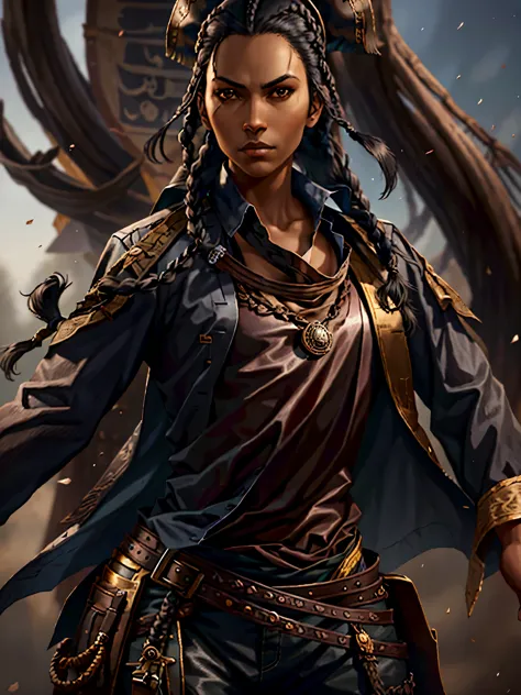 Woman, black skin, black hair, long braid, pirate, leather clothes, dressed in male pirate clothes. shirt and pants.