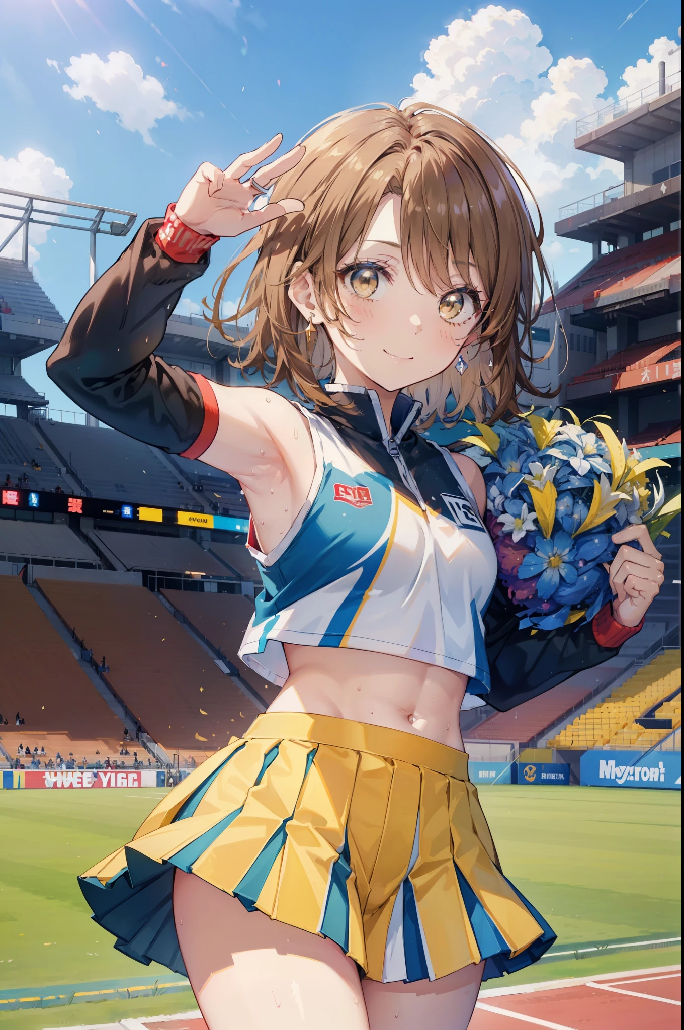 A woman in a cheerleader outfit holding a cheerboard - SeaArt AI