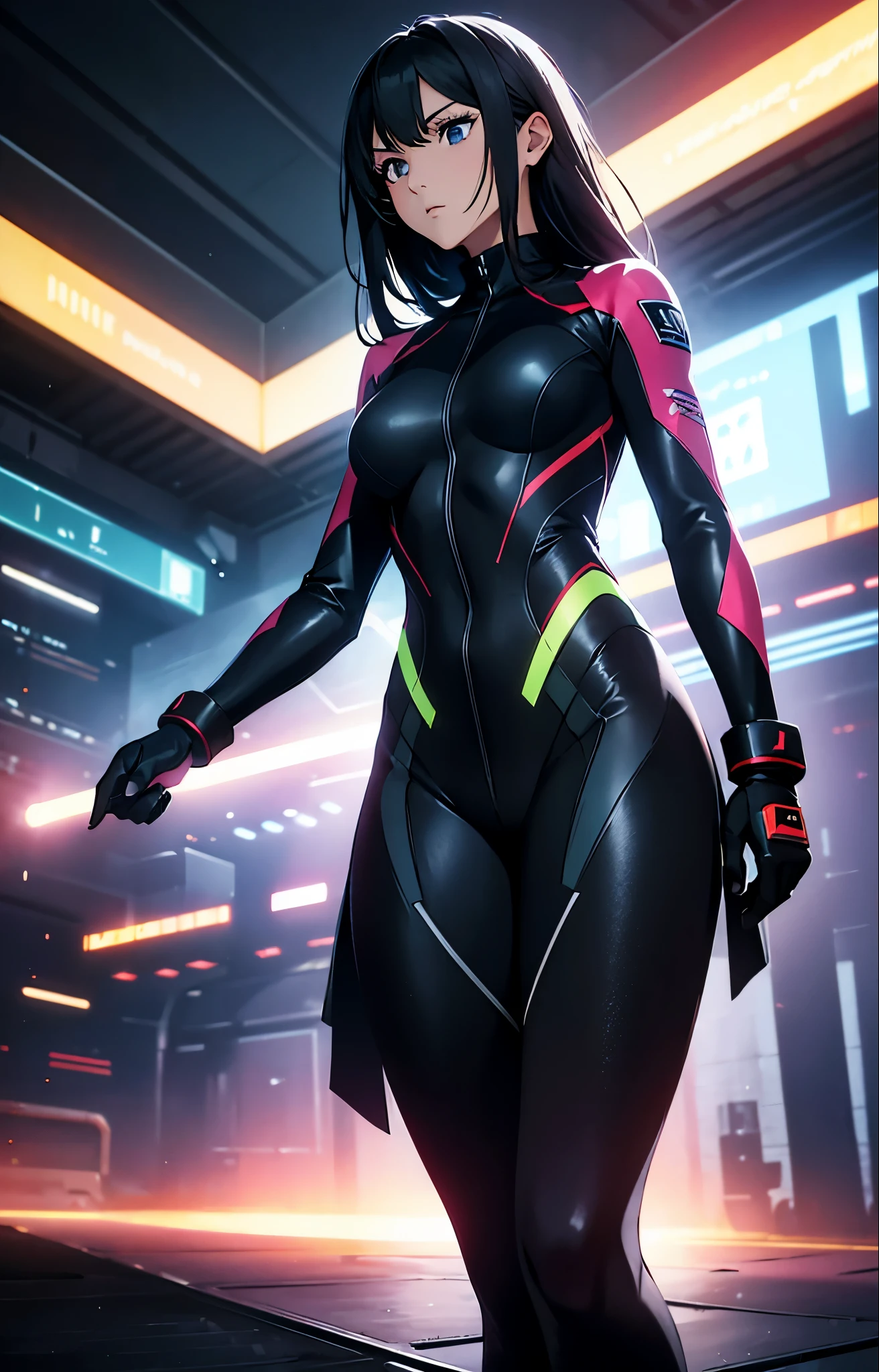 best qualityer，tmasterpiece，Ultimate resolution，downy，Extremely colorful，Colorful，Women combatants，a matural female，medium size breasts, Black long hair，Tight combat suit，tightsuit，Steel City background，nigh sky，Normal posture，Normal posture