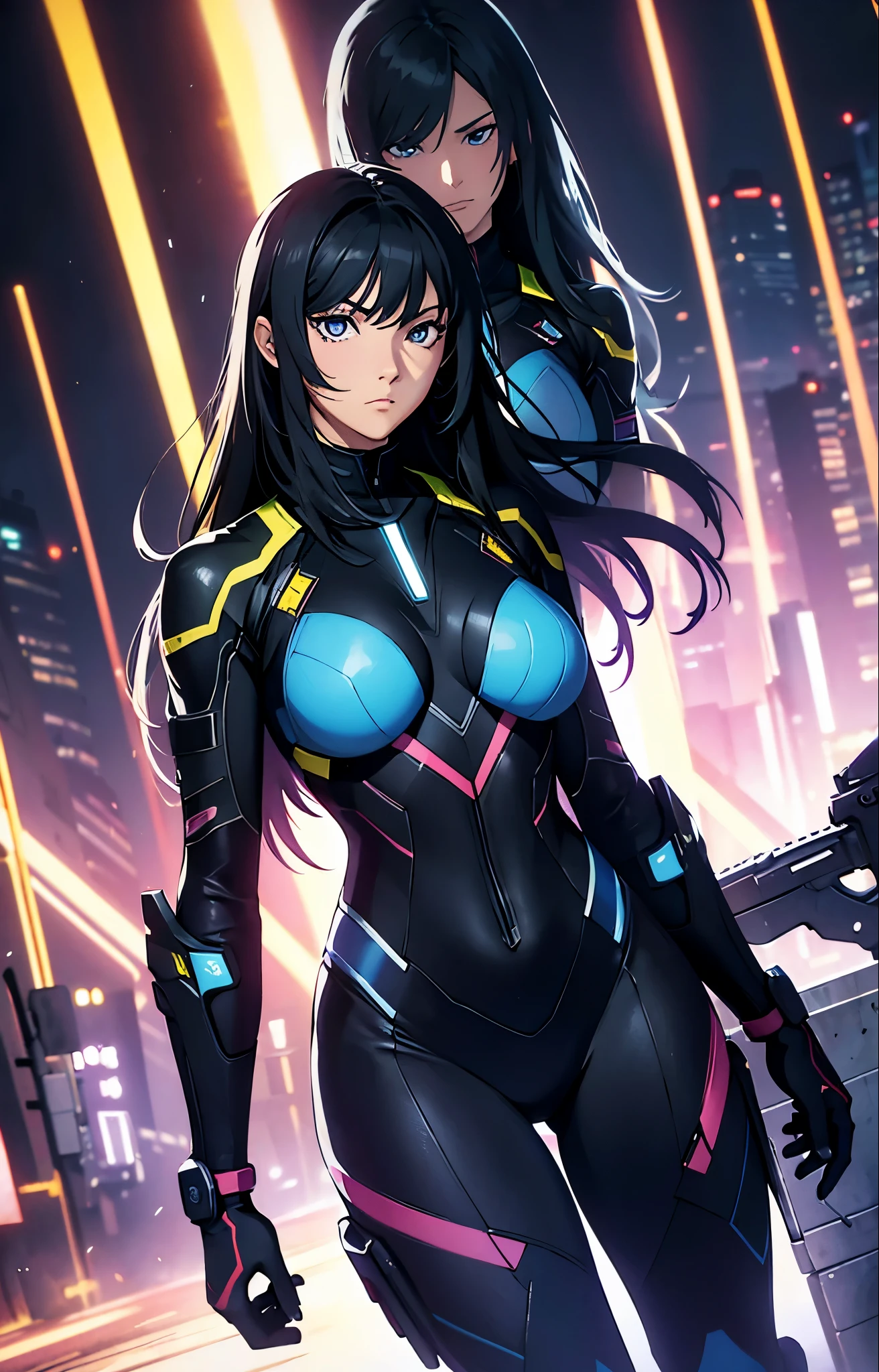 best qualityer，tmasterpiece，Ultimate resolution，downy，Extremely colorful，Colorful，Women combatants，a matural female，medium size breasts, Black long hair，holding gun，Tight combat suit，tightsuit，Steel City background，nigh sky，Normal posture，Normal posture