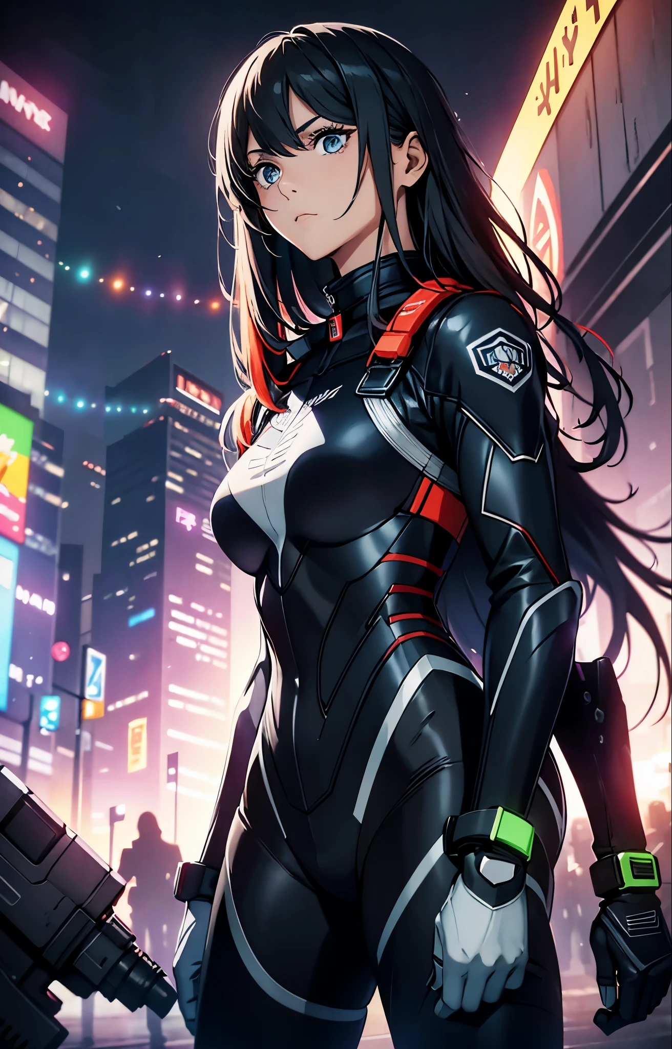 best qualityer，tmasterpiece，Ultimate resolution，downy，Extremely colorful，Colorful，Women combatants，a matural female，Black long hair，holding gun，Tight combat suit，tightsuit，Steel City background，nigh sky，Normal posture，Normal posture