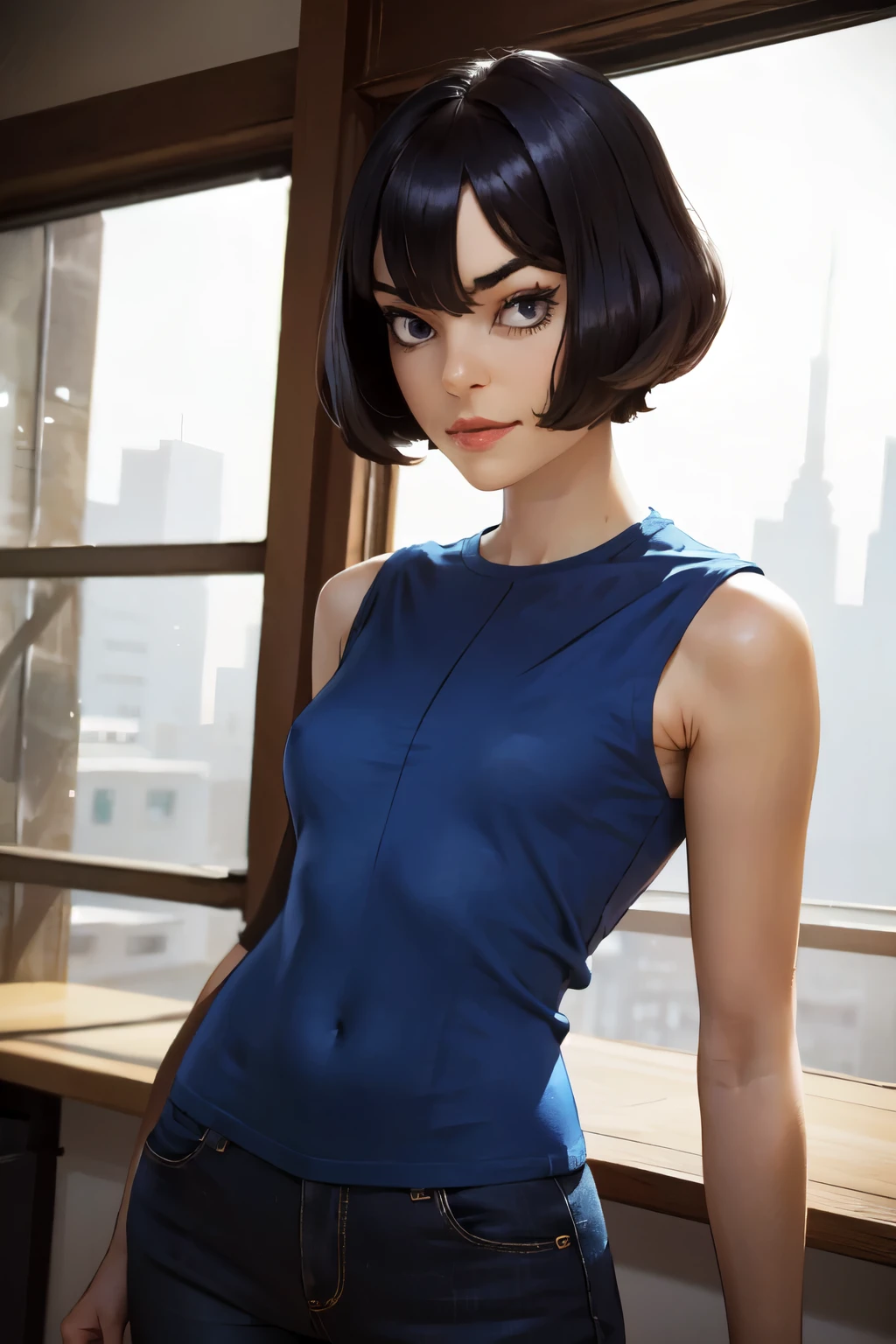 very young slim fit girl, full height, rounded face, (disheveled dark blue bob cut:1.4), big yellow eyes, shy smile, perfect flat breast, look at you, (ahoge:1.2), megane, (clean scene:1.4), sashagrey, a strand of hair from the bangs hangs between the eyes, accurate small snub nose
