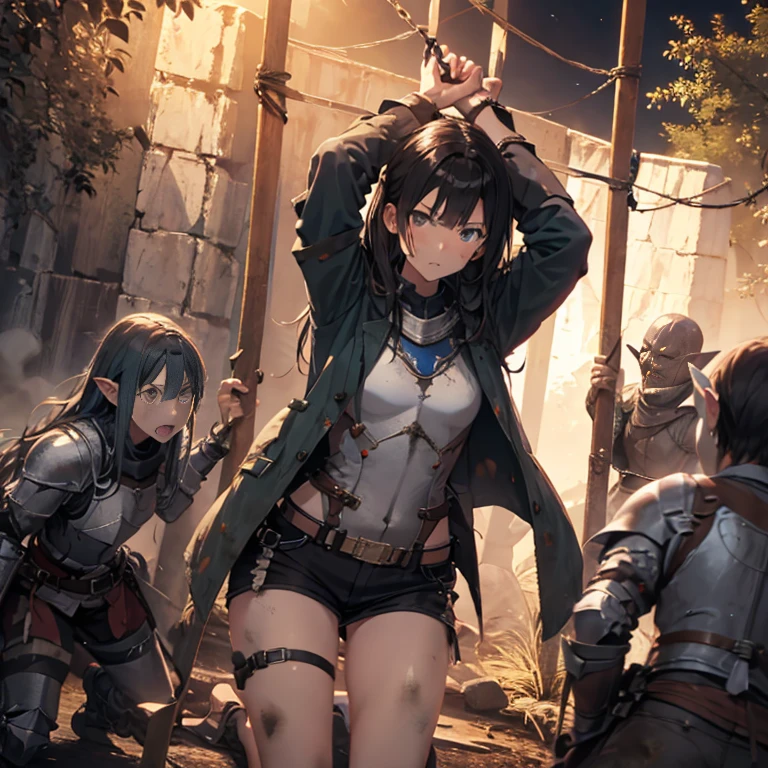 A female knight, (in forest), wearing armored clothes, metal armor, night, details face, , shorts, surrounded by goblins, various weapons, dirty, bdsm, tied wrist, hands up 