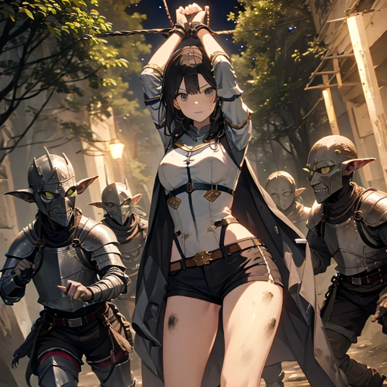 A female knight, (in forest), wearing armored clothes, metal armor, night, details face, , shorts, surrounded by goblins, various weapons, dirty, bdsm, tied wrist, hands up 