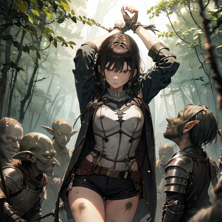 A female knight, (in forest), wearing armored clothes, metal armor, night, details face, , shorts, surrounded by goblins, various weapons, dirty, bdsm, tied wrist, hands up 