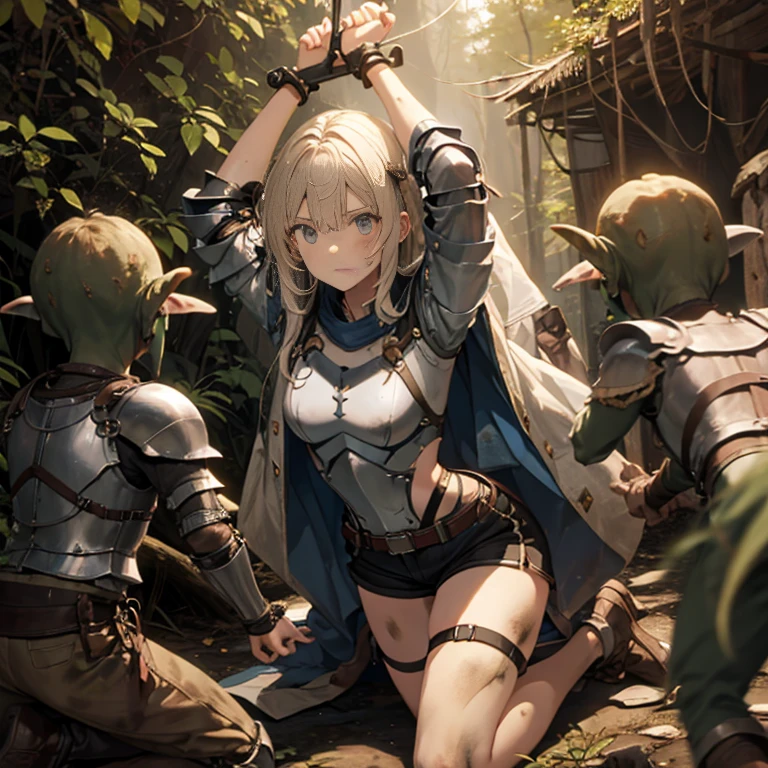 A female knight, (in forest), wearing armored clothes, metal armor, night, details face, , shorts, surrounded by goblins, various weapons, dirty, bdsm, tied wrist, hands up 