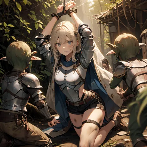 A female knight, (in forest), wearing armored clothes, metal armor, night, details face, , shorts, surrounded by goblins, variou...