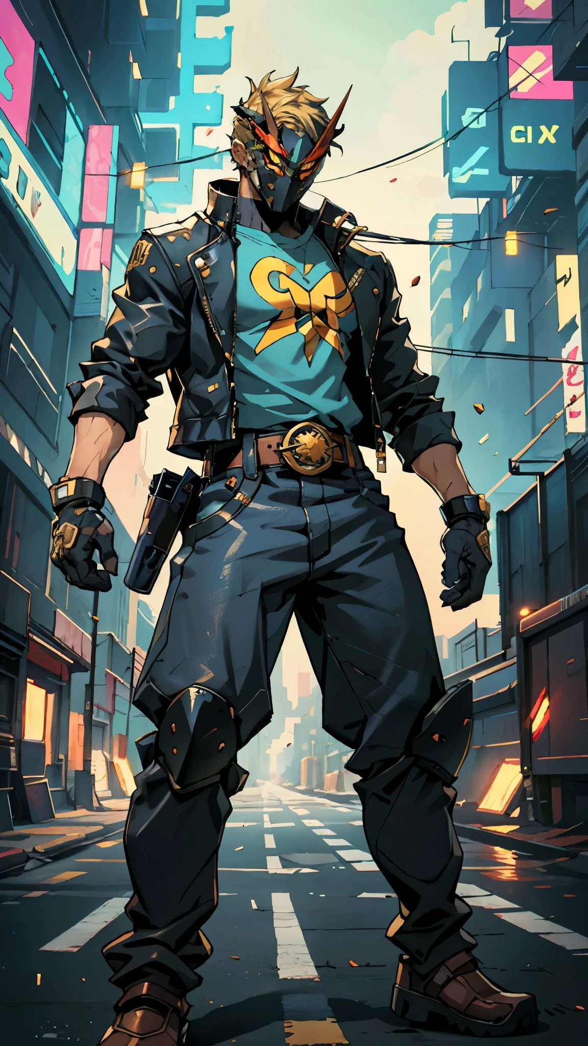 An adult man with tousled and messy dark blonde hair, a metallic beast concept mask covering his entire face, full mask, cold and penetrating gaze, a sturdy physique, a loose cyberpunk-style short jacket over a T-shirt, metal wrist guards, a belt around his waist, loose utility pants, adopting a relaxed posture within the cyberpunk-style city, city night view, this character embodies a finely crafted cyberpunk-style masked warrior in anime style, exquisite and mature manga art style, high definition, best quality, highres, ultra-detailed, ultra-fine painting, extremely delicate, professional, perfect body proportions, golden ratio, anatomically correct, symmetrical face, extremely detailed eyes and face, high quality eyes, creativity, RAW photo, UHD, 32k, Natural light, cinematic lighting, masterpiece-anatomy-perfect, masterpiece:1.5