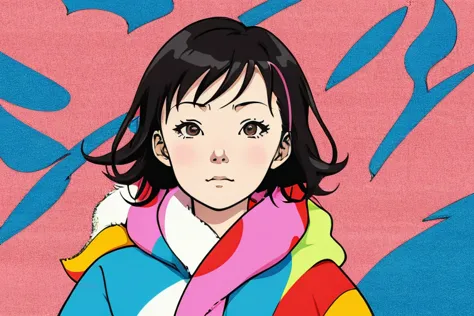 (Chiaki), Professional close-up photo of young woman wrapped in colorful warm quilt, cel shading, bold outline, flat color, shar...