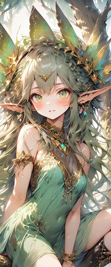 ((masterpiece)), ((best quality)), ((high resolution)), ((Extremely detailed CG unified 8k wallpaper)), ((on a tree branch in the deep forest:1.3)), ((Elven woman cartoon character, Pointed elf ears, wavy blonde hair, green eyes, Bare Skin:1.2)), cowboy sh...