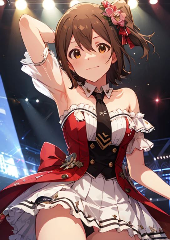 Mirai Kasuga (million live), (highest quality, 8K, masterpiece, Super detailed:1.2), (Lens flare, particles of light, shine), big breasts, smile, open your mouth, masterpiece, highest quality, Super detailed, High resolution, Very detailed CG, official art, idol costume, pink tie,white skirt, off shoulder, stage, sexy, panty shot, M-shaped spread legs, spread your legs and stretch,Panties that dig into the crotch