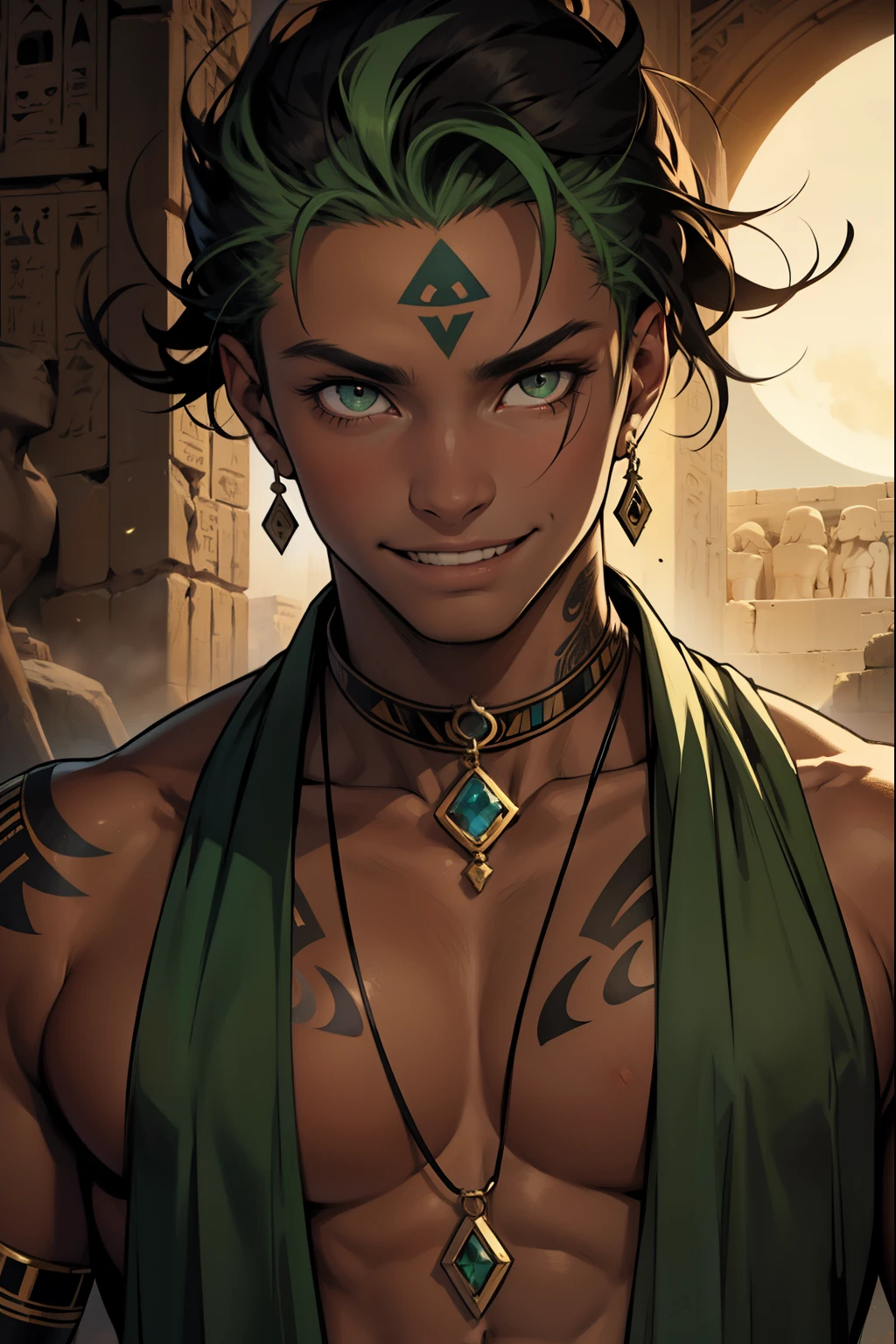 Schöne 15 Jahre alt, dünne grüne Augen. , Er hat ein schwarzes Mondtattoo am Hals., dunkle Haut im Hintergrund. Der alte Ägypter lächelt mit einem schelmischen und bösen Lächeln. 