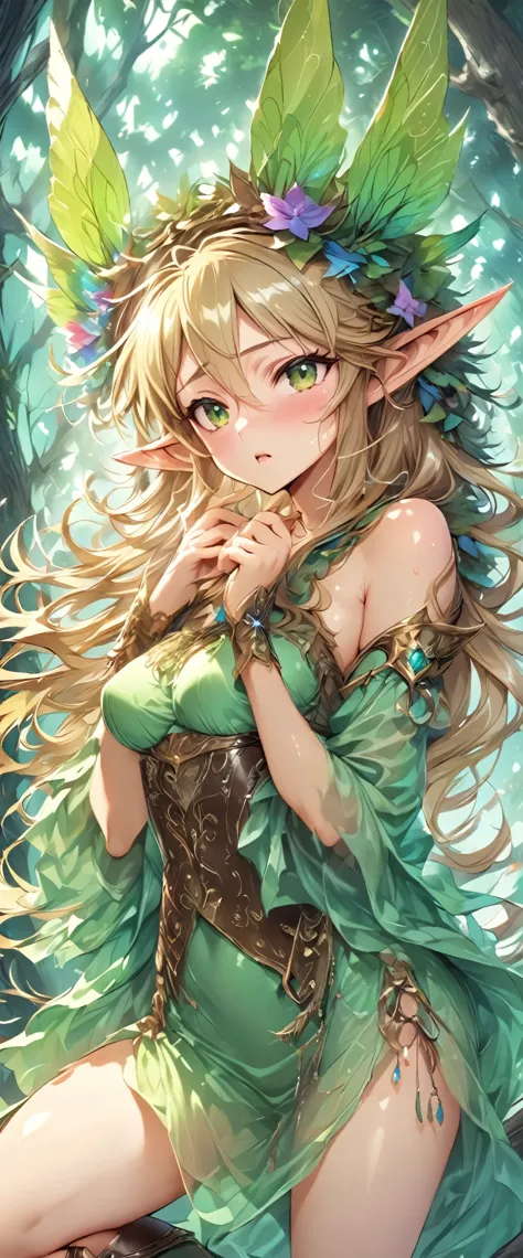 ((masterpiece)), ((best quality)), ((high resolution)), ((Extremely detailed CG unified 8k wallpaper)), ((on a tree branch in the deep forest:1.3)), ((Elven woman cartoon character, Pointed elf ears, wavy blonde hair, green eyes, Bare Skin:1.2)), cowboy sh...